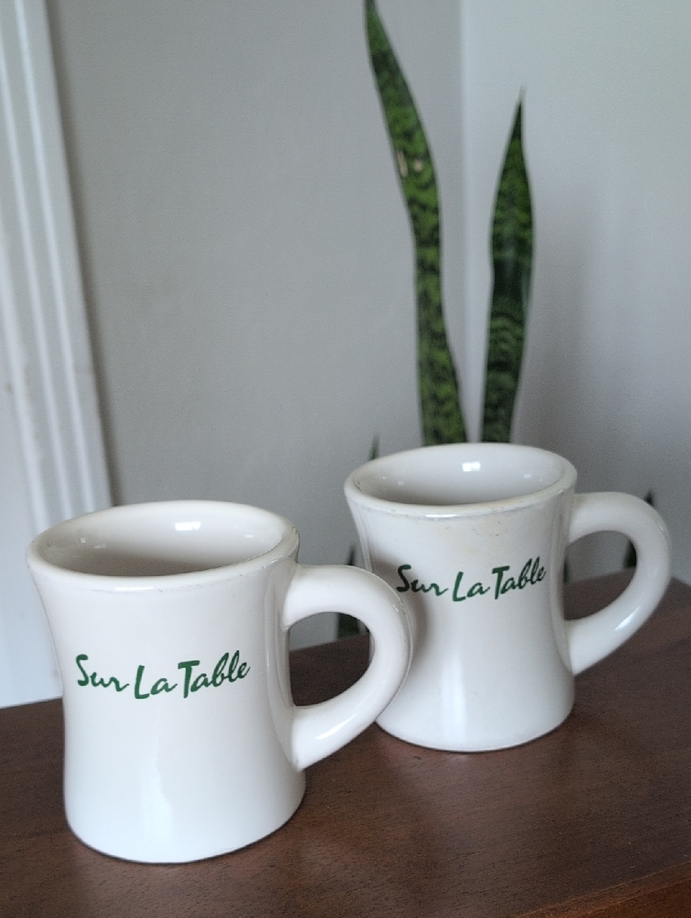 Vintage Sur La Table White Ceramic Mugs with Green Logo - Set of 2 - Picture 3 of 9